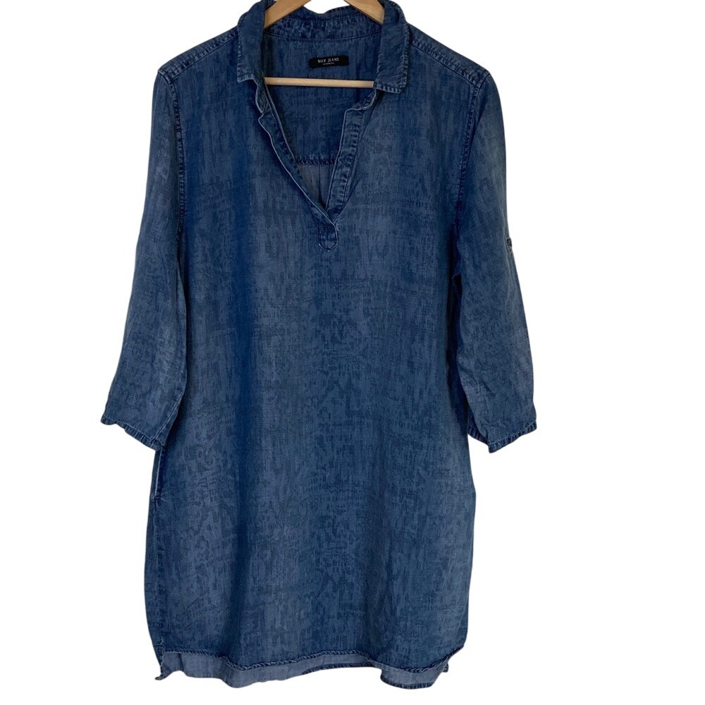 Max Denim Women' Chambrey Denim Tunic Dress Size M 3/4 Sleeve V Neck Boho Summer